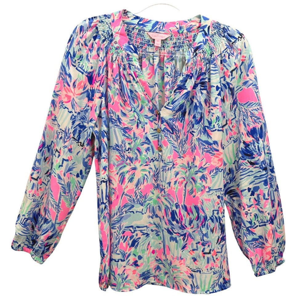 Lilly Pulitzer Elsa Silk Top Women Medium Blue Pink Tropical Palm Smocked Blouse